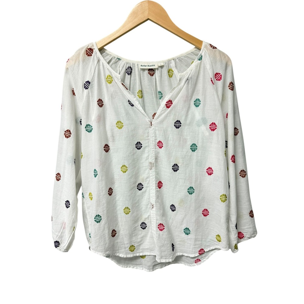 Roller Rabbit White Embroidered Cotton‎ Blouse Top Women's Size S Colorful EUC